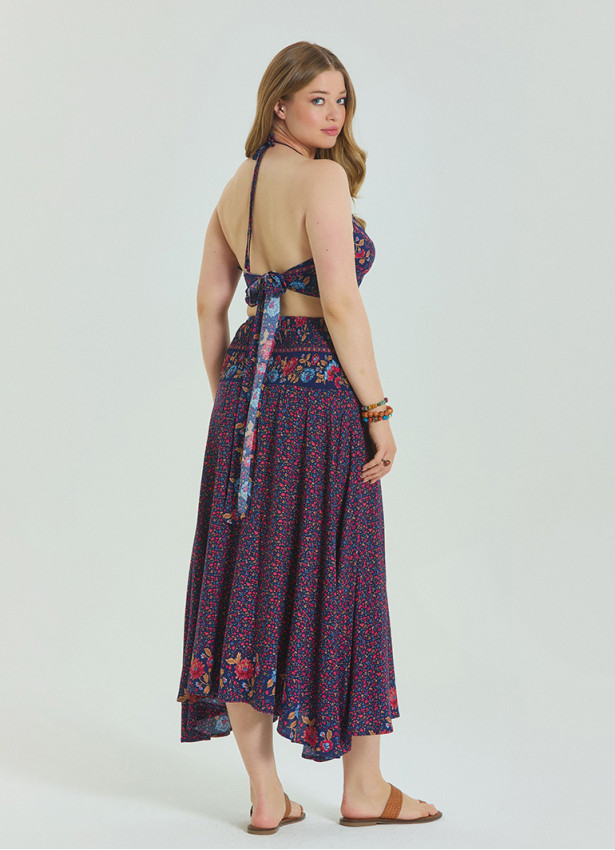 Floral Patterned Loose Asymmetric Plus Size Skirt